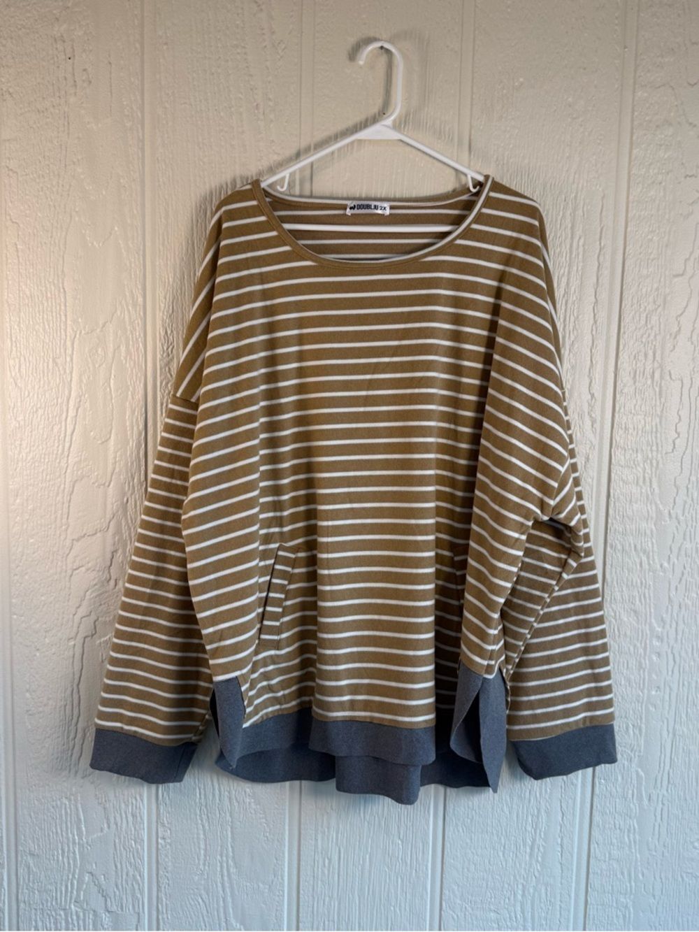 Doublju Tan & White Striped Pullover Sweater
